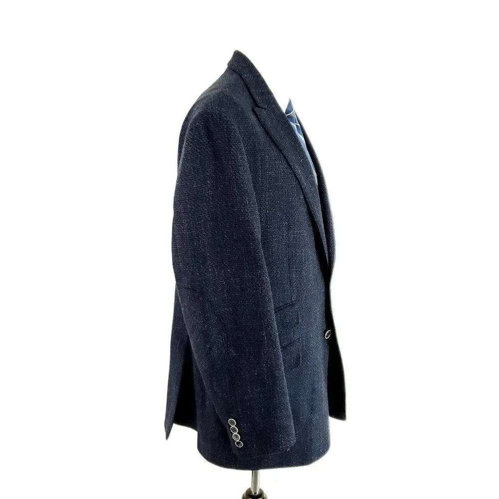 Joseph Abboud Comero Tweed Wool 2 Button Sport Coat 44R Blue Check Peak Lapel‎